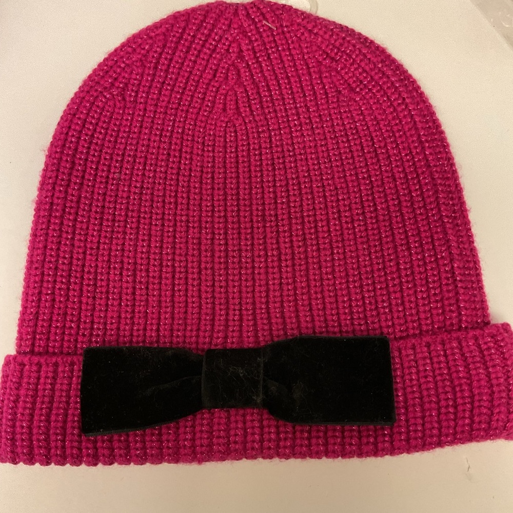 KATE SPADE ACRYLIC AND WOOL METALLIC THREAD VELVET BOW BEANIE DARK PINK OS NWOT